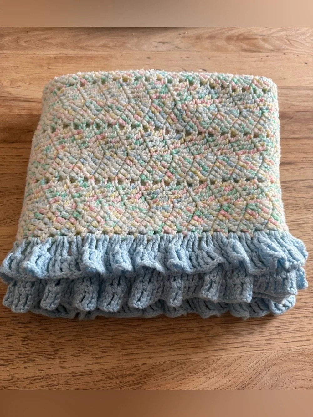Handmade Crochet Blue Multi-color Pastel Baby & Crib Blanket Throw 56x40